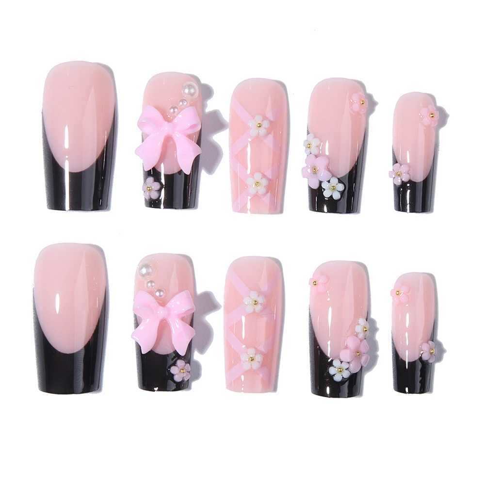 24 pieces of short and medium fake nails pink square nails 3D bow design Y2K pressed nails suitable for women and girls reusableW241125