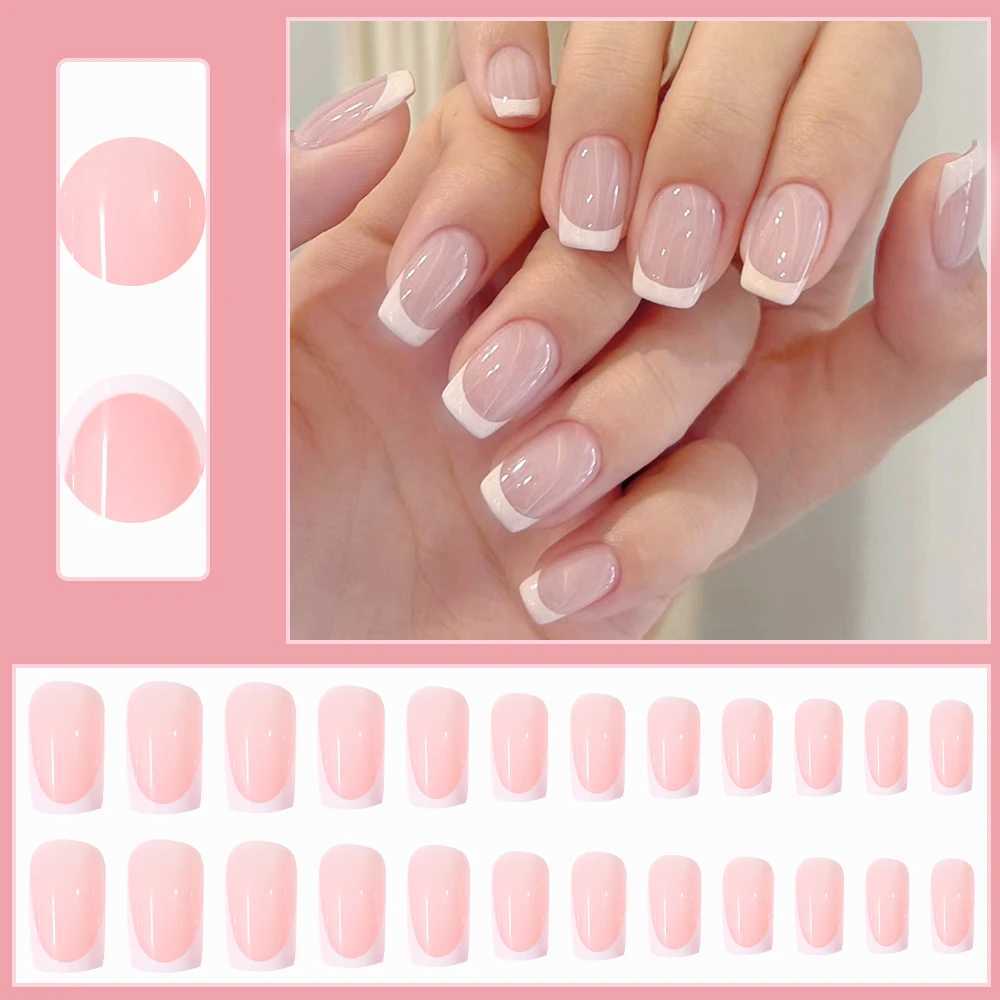 24 pieces of nude pink French short square French nails white pointed ice transparent pressed nails fully covered elegantly wearing fake nailsW241125