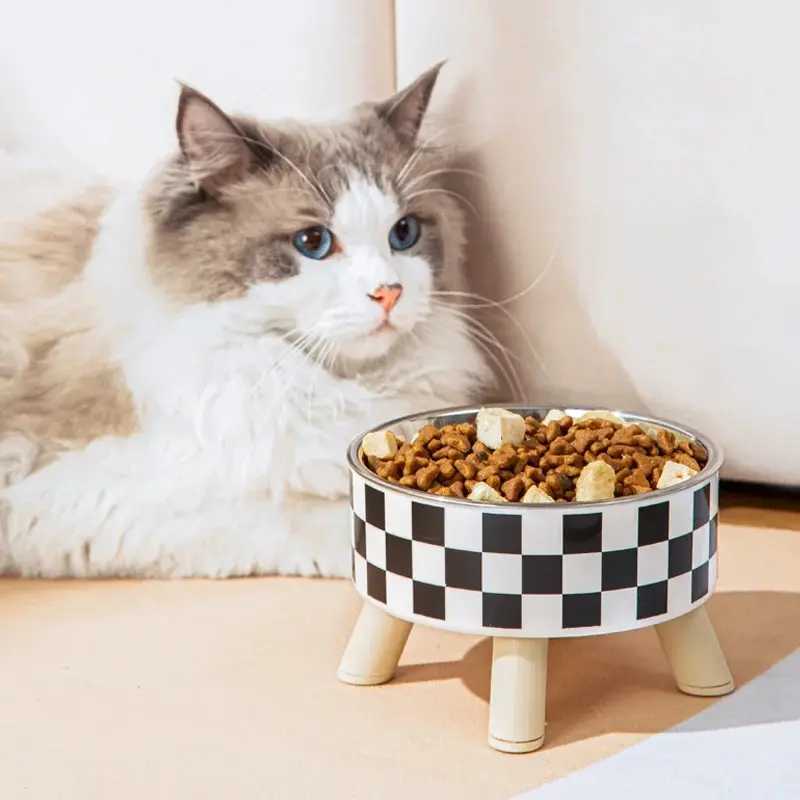 A Cat Bowl For Cats And Dogs Simple Polka-dot Stainless Steel Pet Tall Bowl Drinking Water Anti-overturn Water Bowl Food BasXJ241125