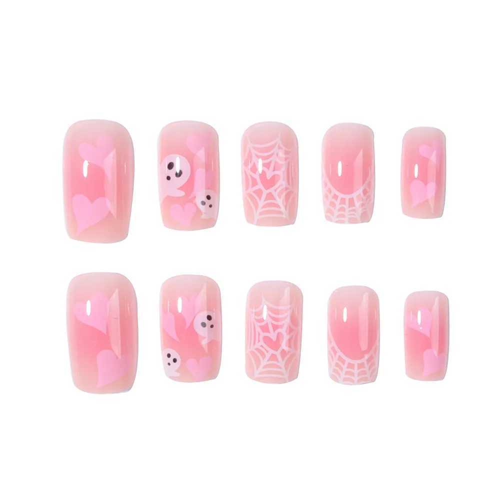 24 pieces of short square Halloween inspired fake nails painted ghosts cobweb and love designs all covered with pressed nailsW241125