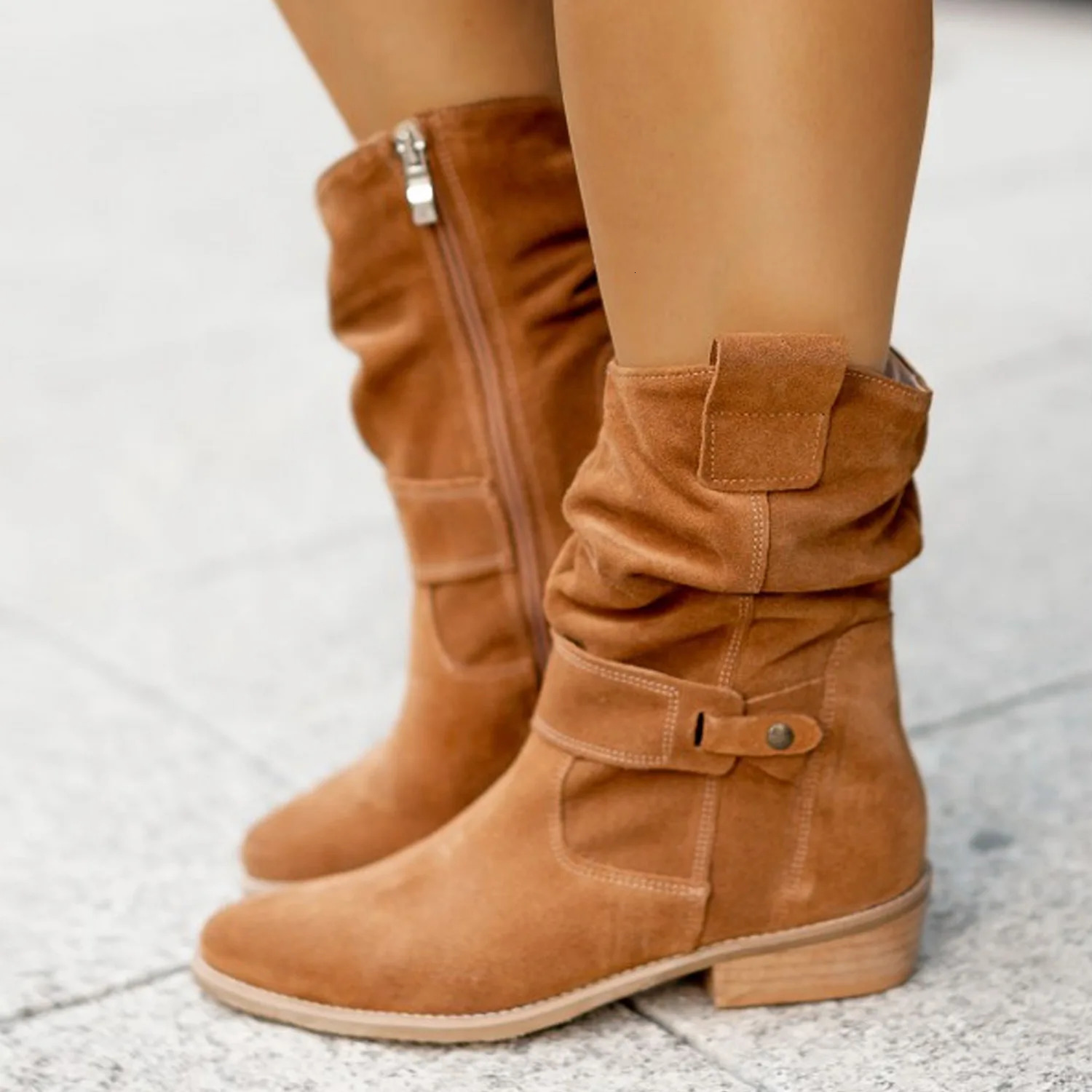 Winter Womens Boots Large Low Heel 40-43 Suede Ankle Boots for Women Brown Long Boots 241125