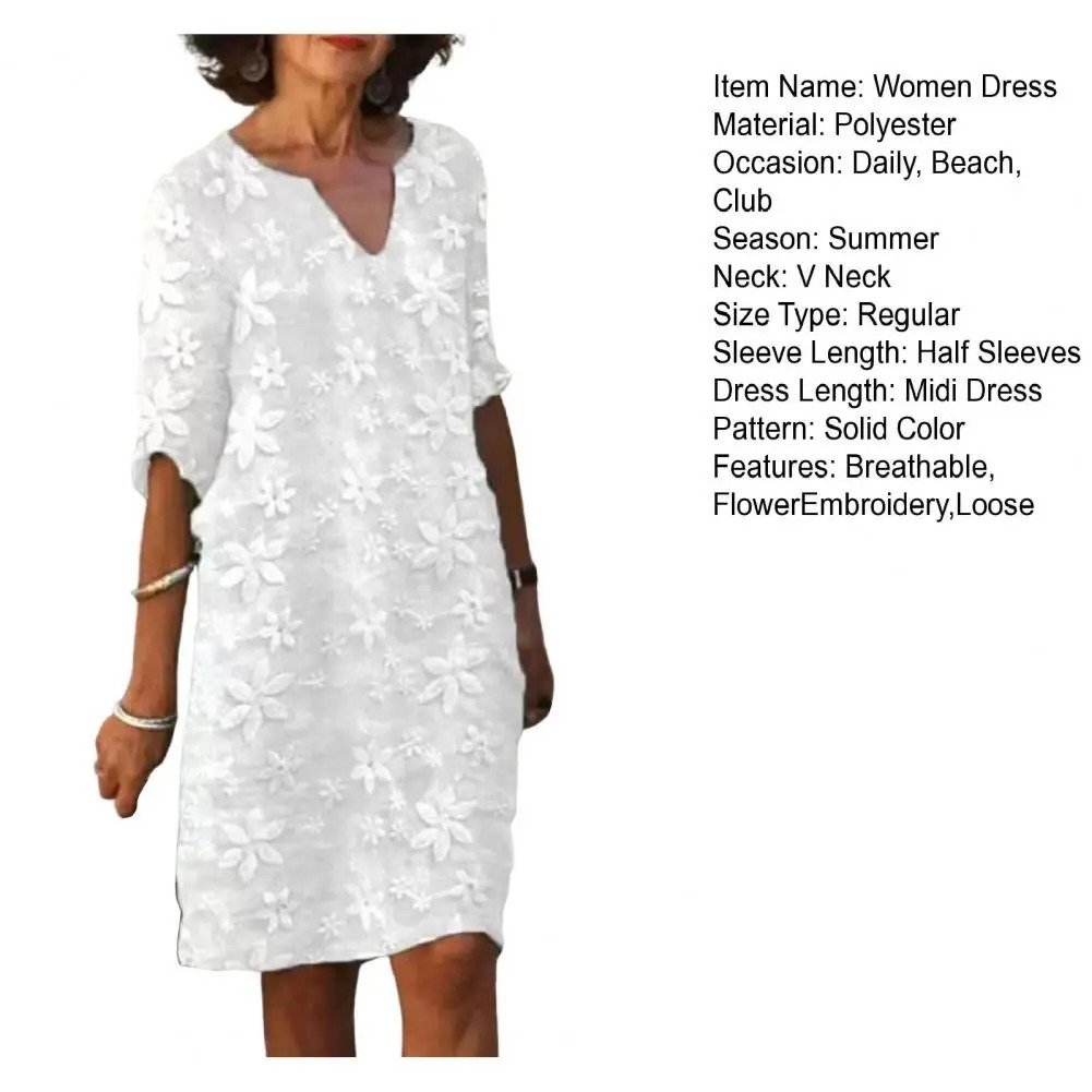 Female Beach Dress V Neck Half Sleeves Flower Embroidery Pullover Elegant Casual Wear White Color Women Summer Loose Midi 240422