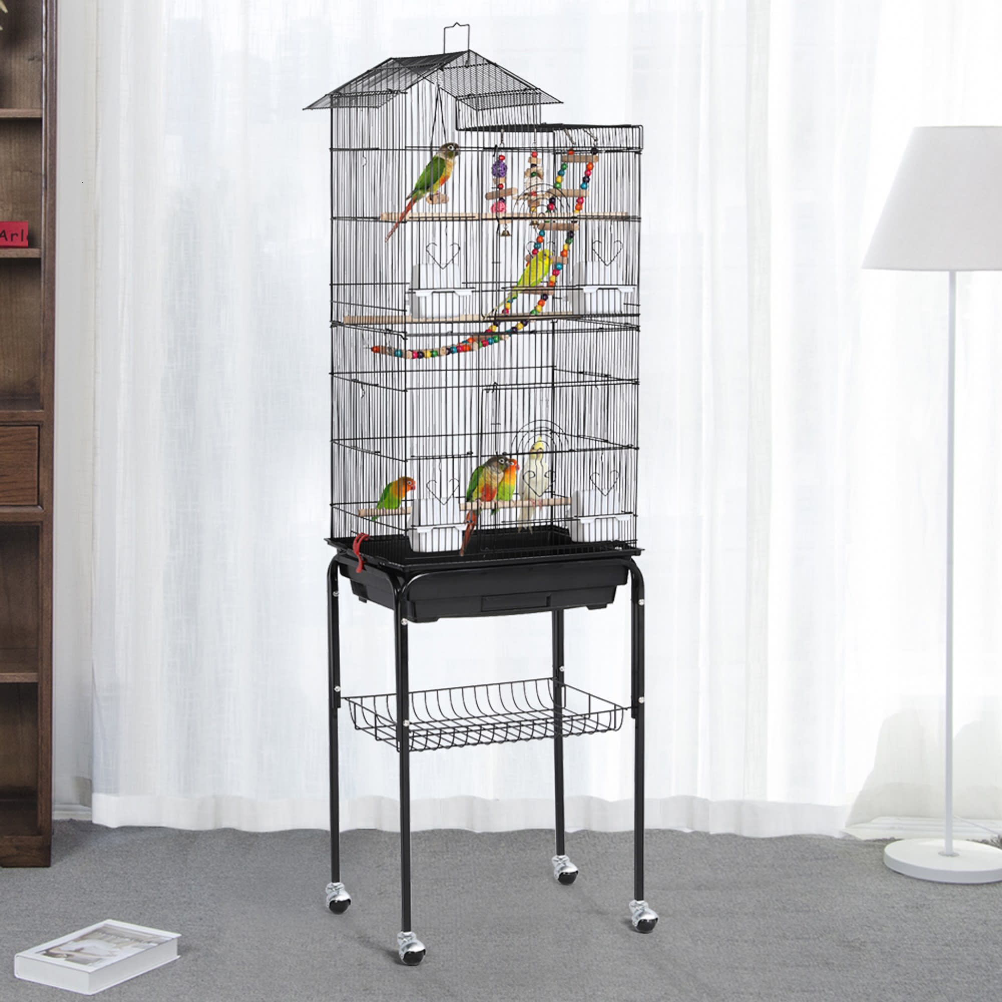 Topeakmart Black Metal Bird Cage with Ladder Toy and Rolling Detachable Stand, 62.4" H