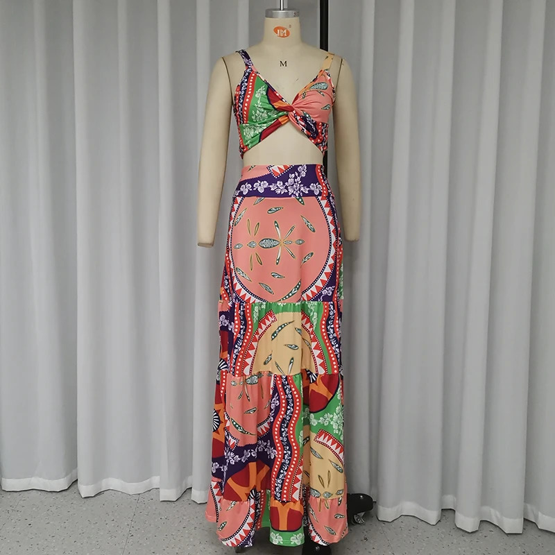 Wefads Two Piece Set Women Summer Casual Retro Printed Sleeveless V Neck CrissCross Vest Top Loose Long Skirt Sets Streetwear 240423