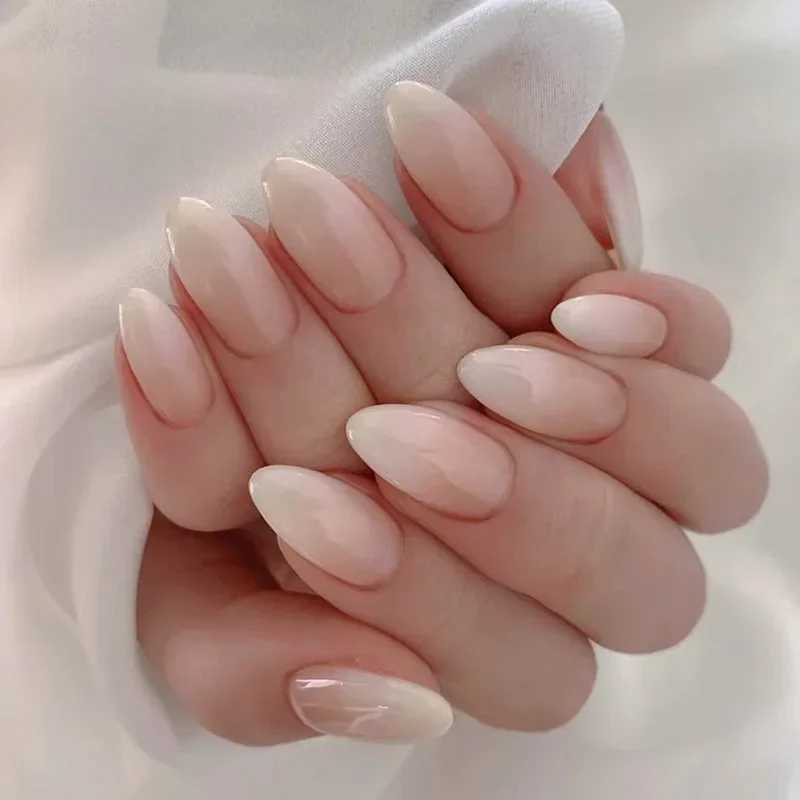 24 pieces of nude French fake nails white edges almond fake nail art fully covered detachable waterproof artificially pressed on nailsW241125