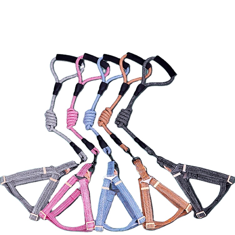 Waterproof Soft 2 In 1 Flax Webbing Leashes Set Reflective Pet Leashes Rope Leash Collar Harness Set
