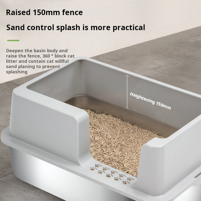 2024 New wn Stainless Steel Cat Litter Box Cat Litter Tray Semi-Closed With High Side Cat Litter Tray Sandbox With Scoop Pet