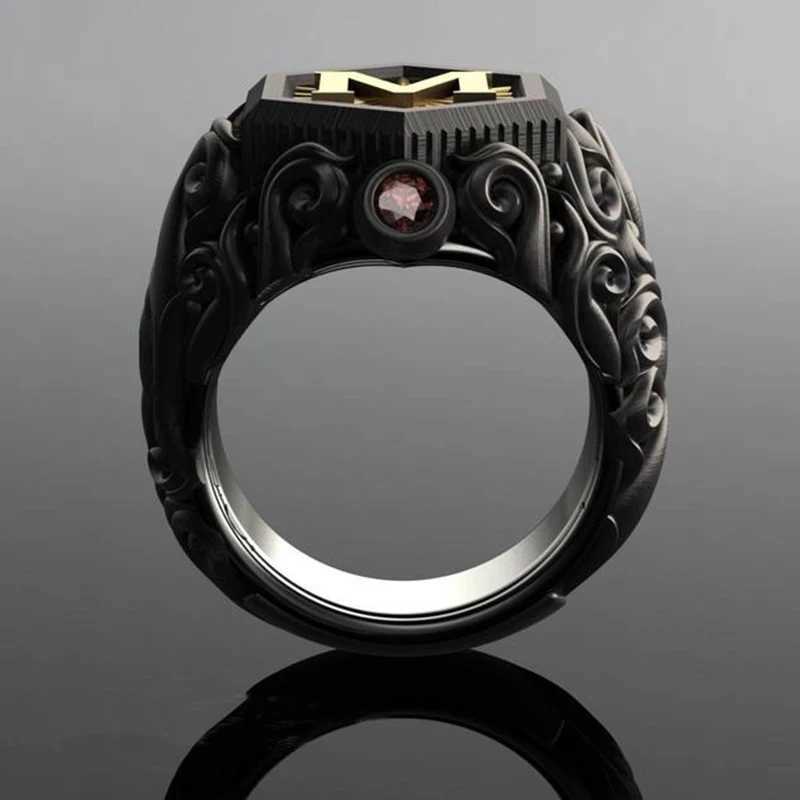 Band Rings Classic Retro Black Men Gold Color Carving M Letter Signet Steampunk for Birhday Gift Party Gothic Jewelry H240425