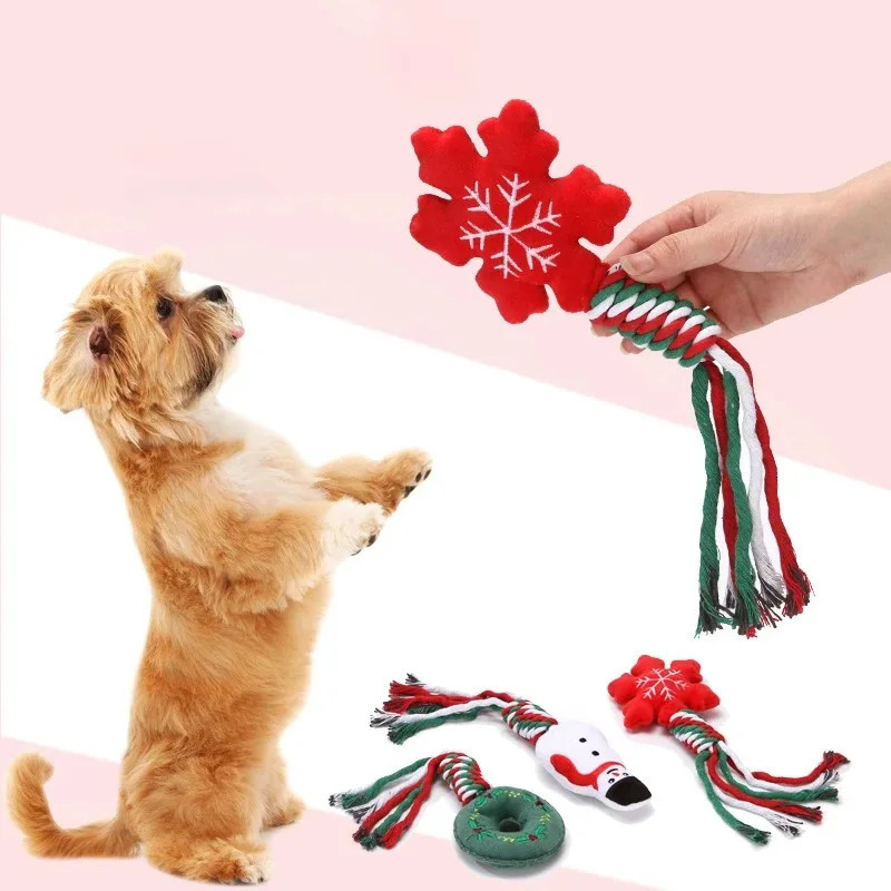 Christmas Dog Squeakey Chew Toys Cotton Ropes Knot Molar Bite Toy Funny Cute Puppies Cat Interactive Toy Xmas Gift Pets Supplies 241125