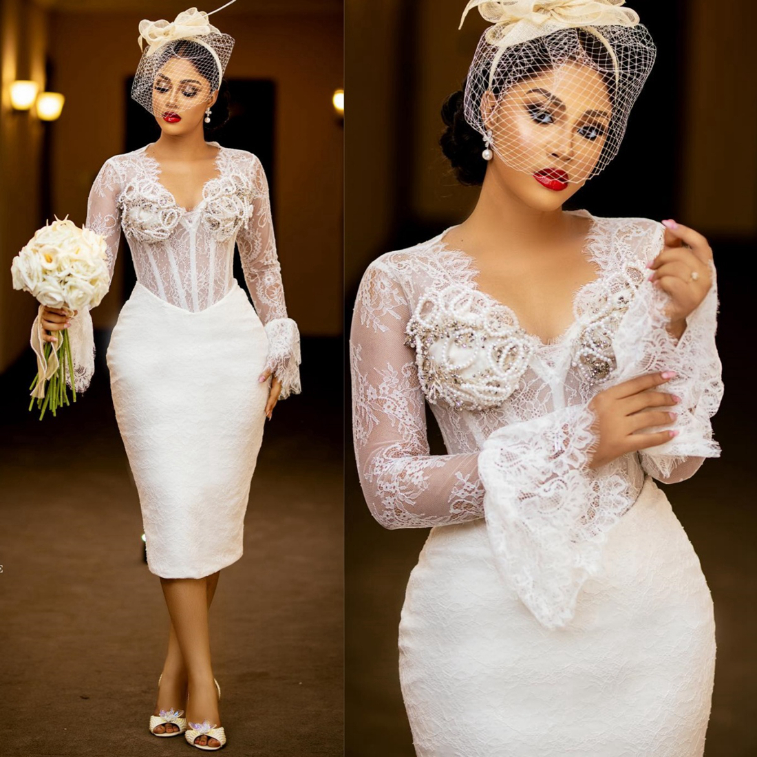 2024 Mermaid Wedding Dresses Bridal Gowns Short Wedding Gowns Illusion Long Sleeves Beaded Lace Pearls Decorated Birdal Dress for African Black Bride 