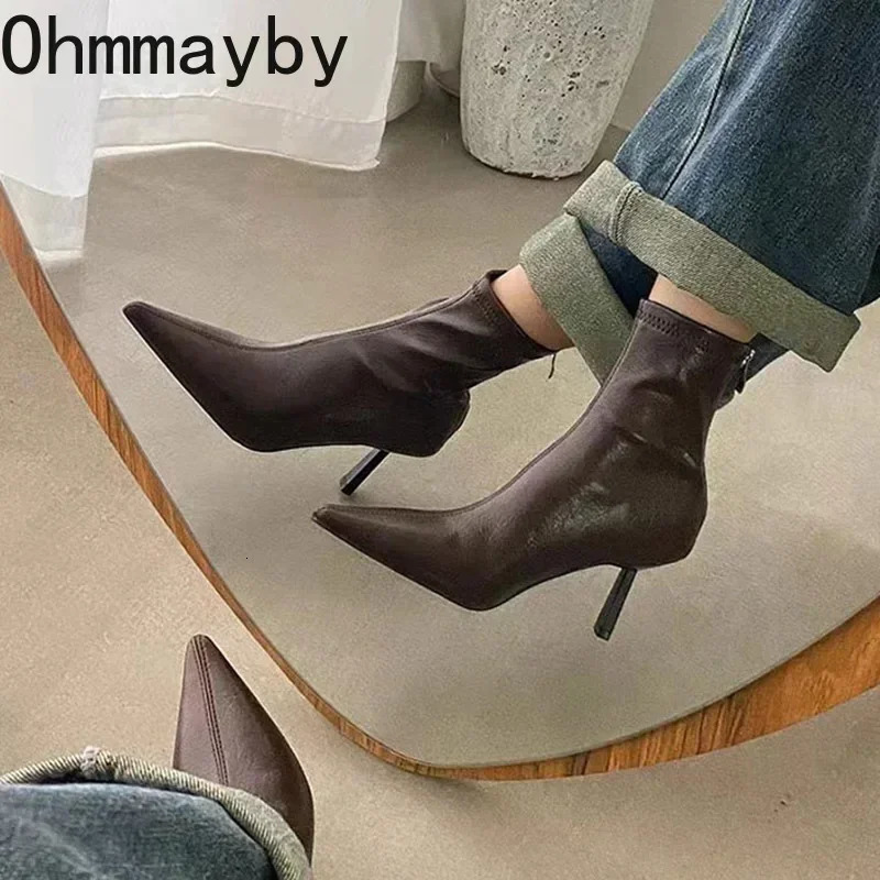 Pointed Toe Women Slim Ankle Boots Fashion Back Zippers Shoes Autumn Winter Thin High Heel Womens Morder Short Booties 241125