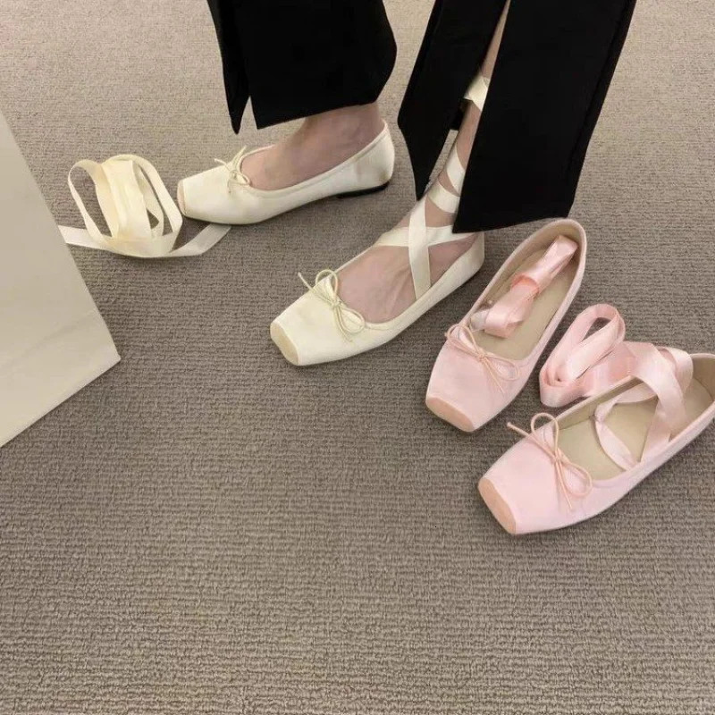 Women Flats Bow Marie Janes Shoes 2024 Spring Lolita Dress Square Toe Shoes Walking Sandals Female Elegant Zapatos 241125