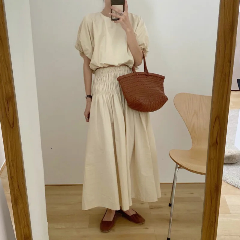 Oversized Summer Vintage 2 Two Piece Skirts Sets Women Outfits Puff Sleeve Crop Top and Elastic Waist Pleat Long Aline Skirt 240423
