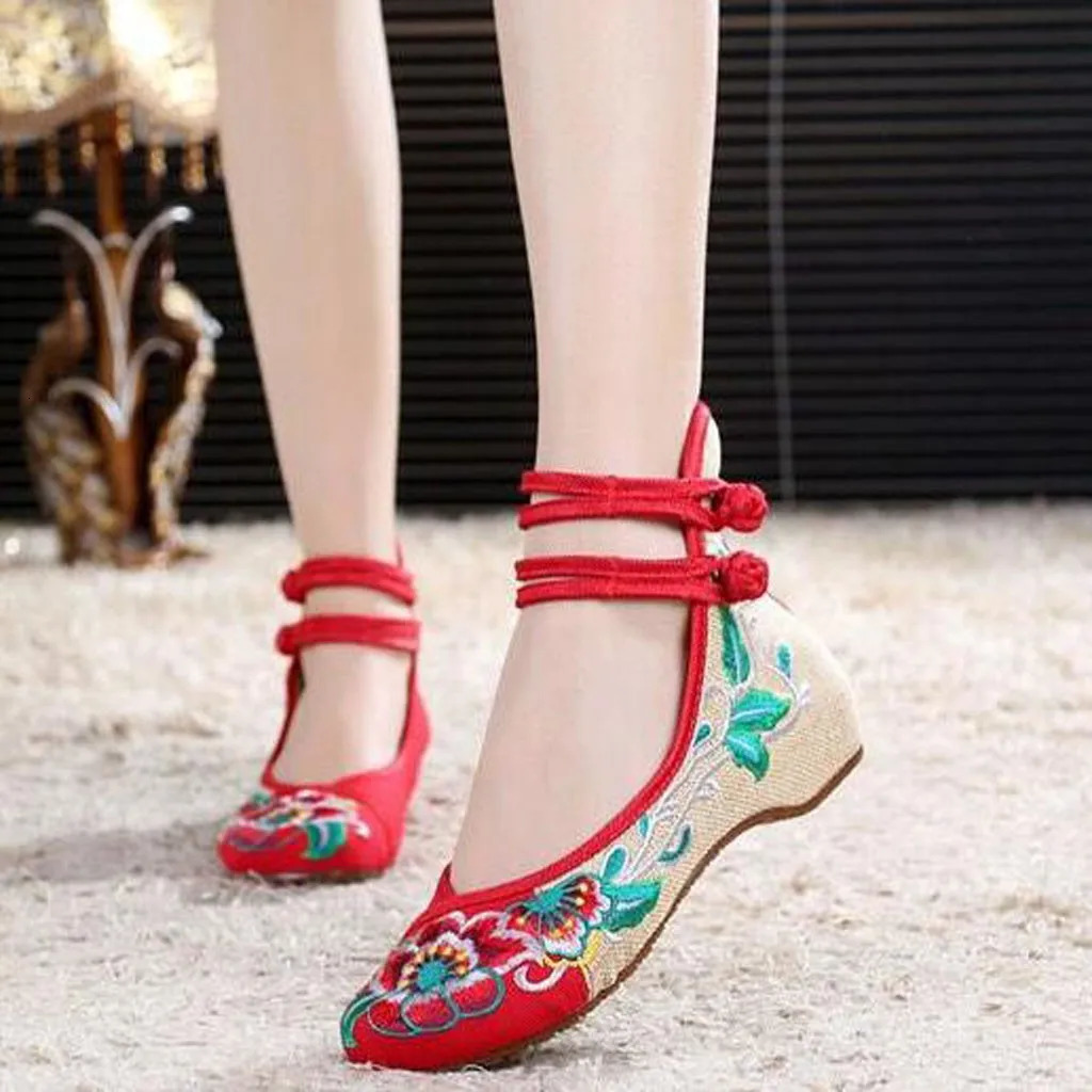 Women Embroidered Shoes Canvas Sneakers High Ankle Double Strap Shoes Slip-On Sewing Comfort Breathable Mesh Shoes For Women 241125