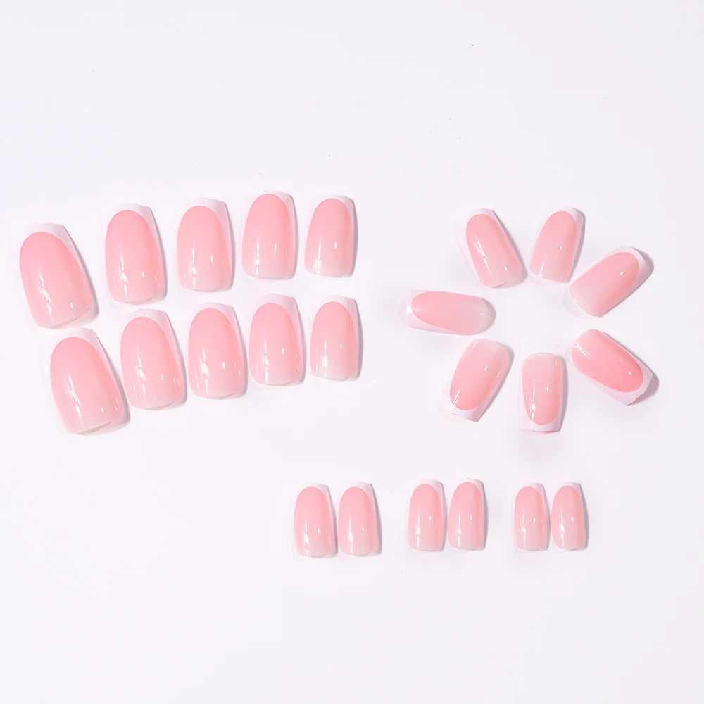 24 pieces of nude pink French short square French nails white pointed ice transparent pressed nails fully covered elegantly wearing fake nailsW241125
