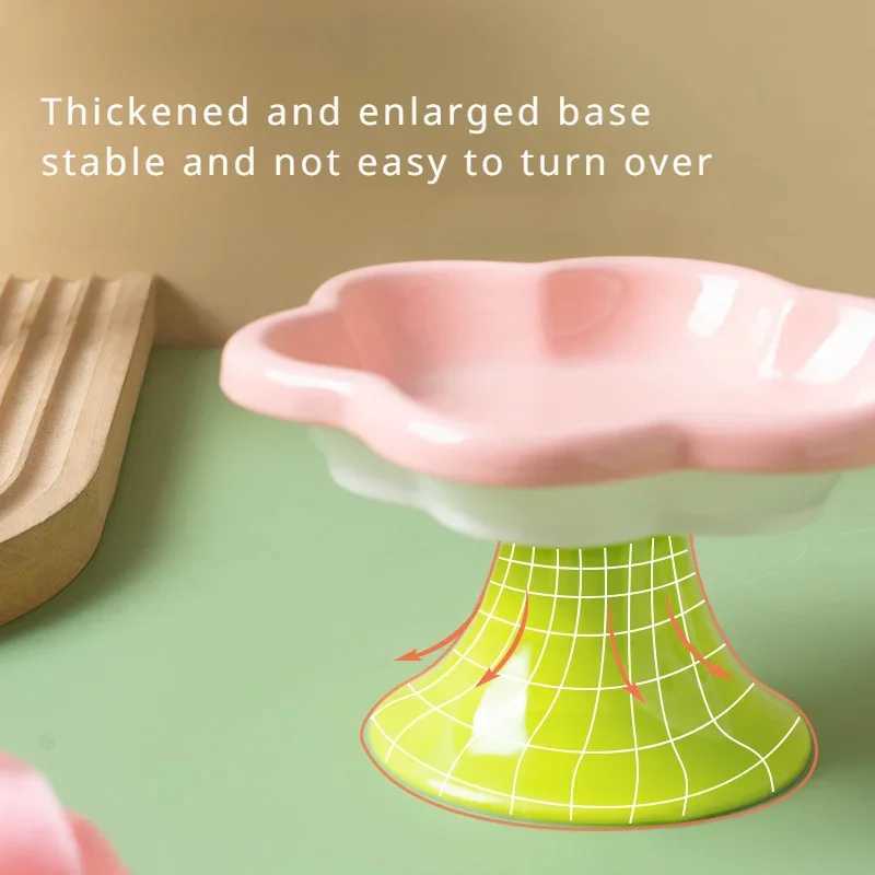 Ceramic Raised Cat Bowl with Flower Design Elevated Neck Protection Ergonomic Durable Cutlery for Food Water Cute Dog BowlXJ241125
