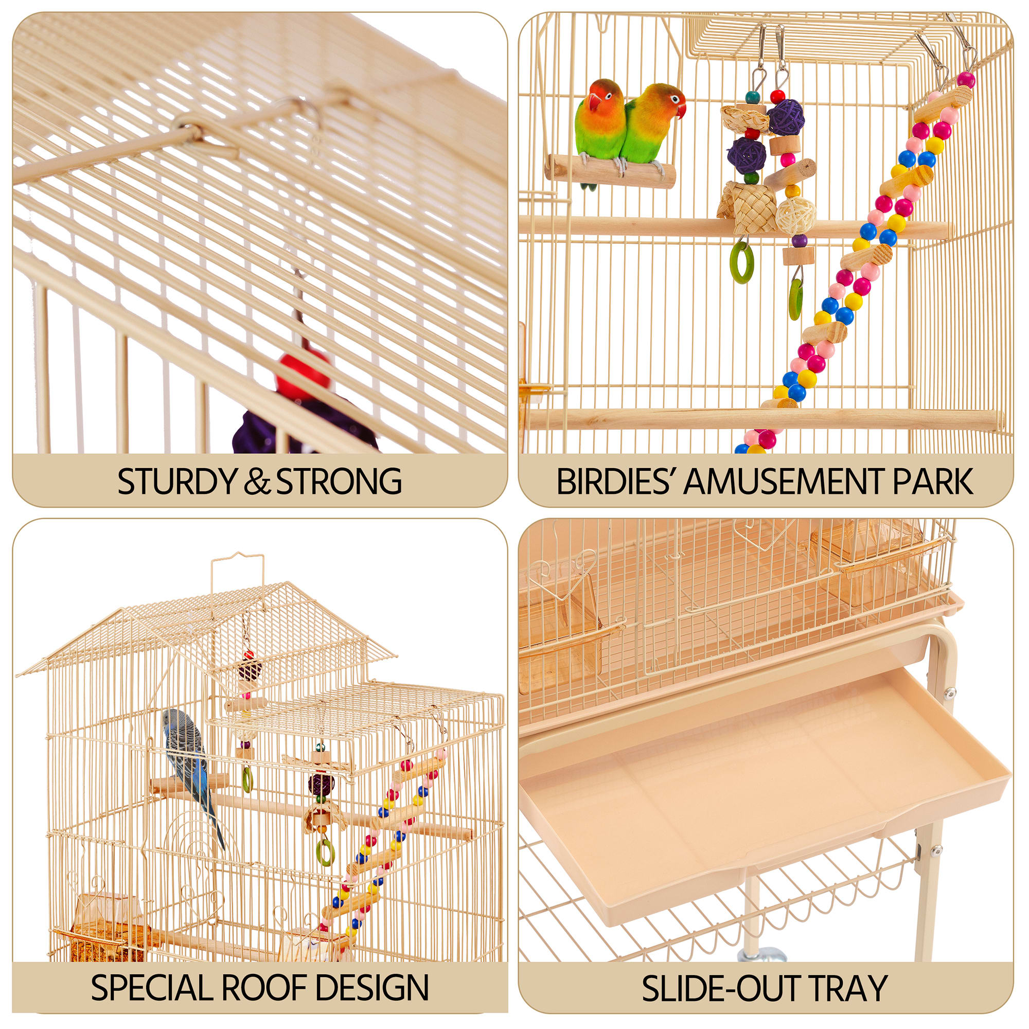 Topeakmart Almond Metal Bird Cage with Ladder Toy and Rolling Detachable Stand, 62.4" H