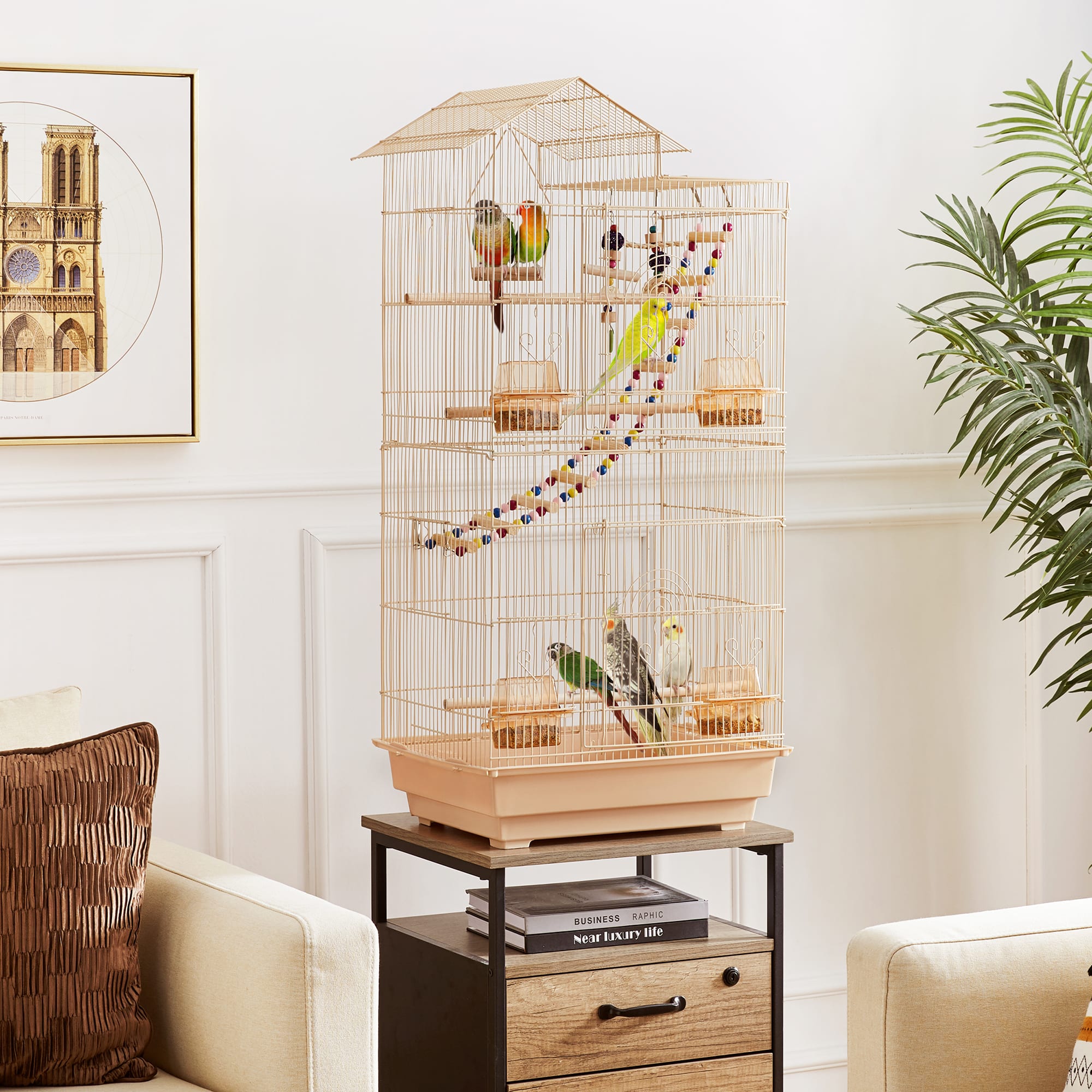 Topeakmart Almond Metal Bird Cage with Swing Ladder, 39" H