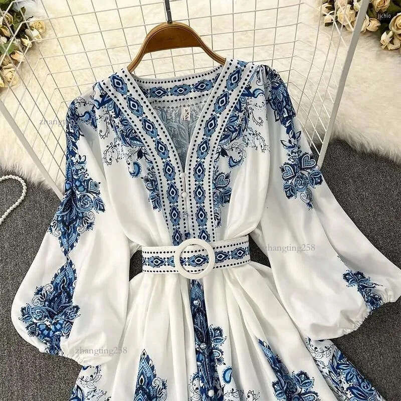 Casual Dresses Women Bohemian Dress Spring Summer Print Long Lantern Sleeve V Neck Corset Slim Button Pleated Vacation