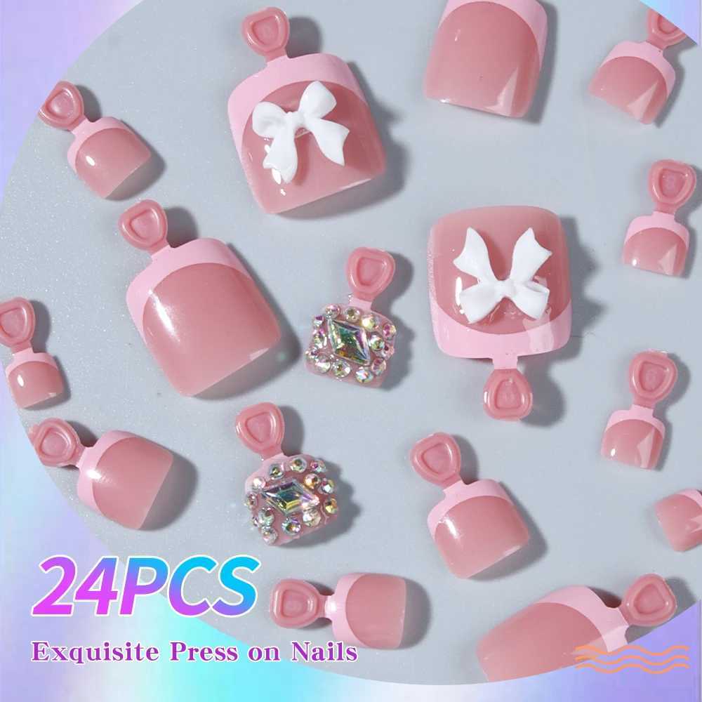 24 pieces of press detachable toenail short fake nail white bow sticky diamond design square nails reusable suitable for womenW241125