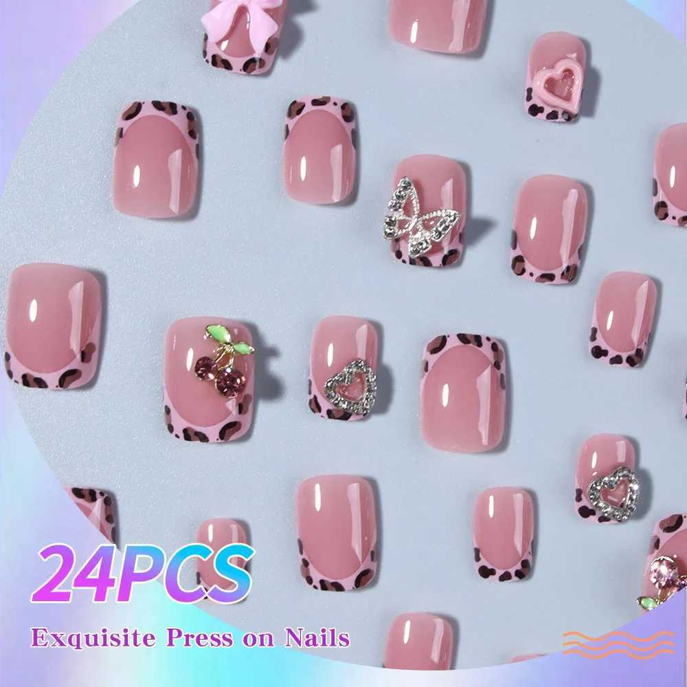 24 pieces of short oval shaped Love Cherry 3D butterfly leopard printed fake nails detachable pressure nails bright facial fake nails fully coveredW24