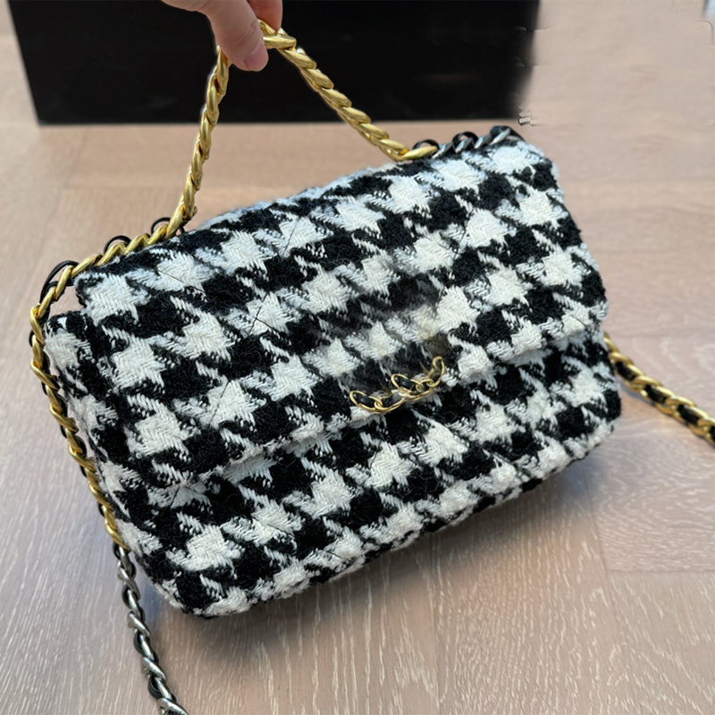 19 Bag Vintage Women Designer Shoulder Cc Bag Tweed Wool Knitting 25cm Houndstooth Woven Pattern with Golden Sliver Hardware Thick Chains Fashion Crossbody Wallets