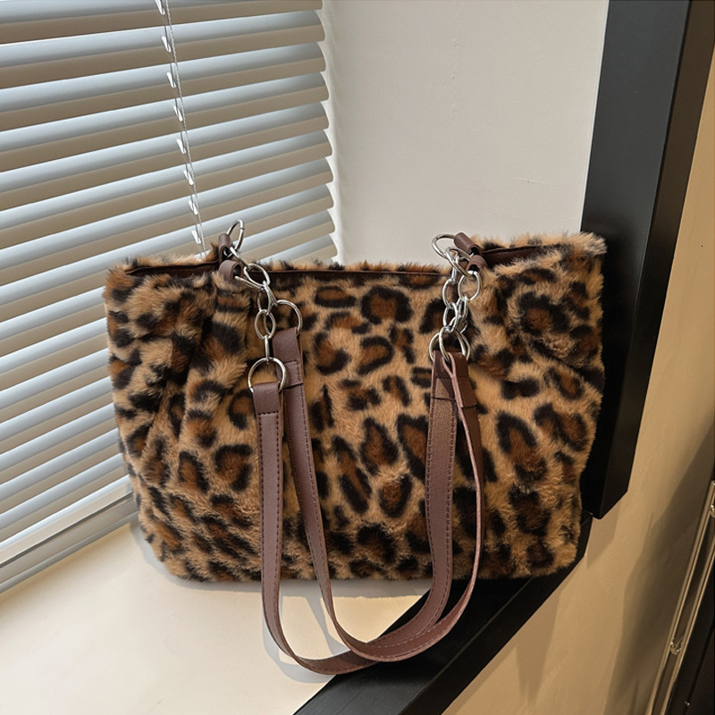 New Leopard Print Bags Women Fashion Portable Faux Fur Handbags Winter Soft Warm Bag Girls Fluffy Large Capacity Tote Purse Cotton Fabric