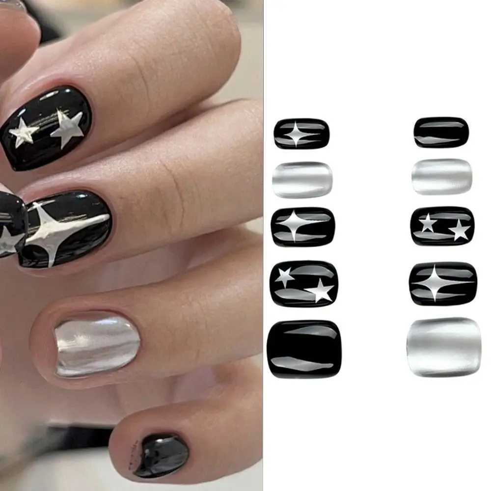 24 pieces of black short circular fake nails with Y2K silver star design French fake nails with full cover detachable nail tip press nailW241125