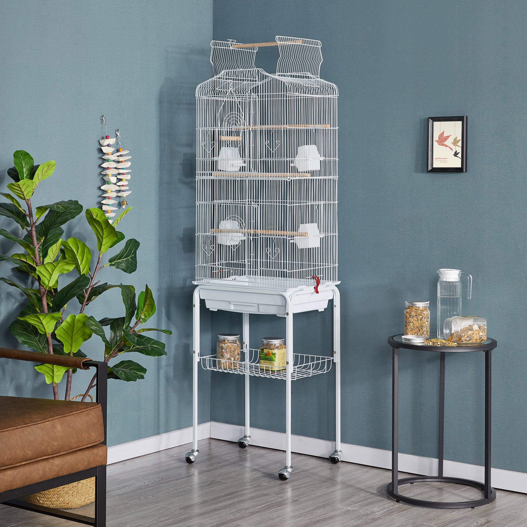 Topeakmart White Open Top Metal Bird Cage with Rolling Stand, 64" H