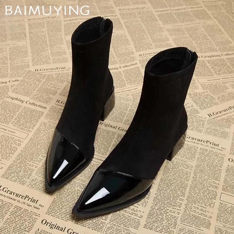 Ankle Boots Women Chunky Mid Heels Suede Shoes Woman Pointed Toe 2024 Trend Winter Goth Walking Snow Chelsea Botas De Mujer 241125