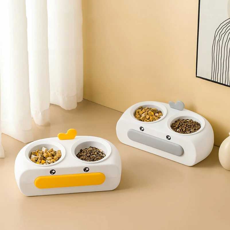 Duck Design Pet Double Bowl Plastic Kitten Dog Food Drinking Tray Feeder Cat Feeding Pet Supplies AccessoriesXJ241125