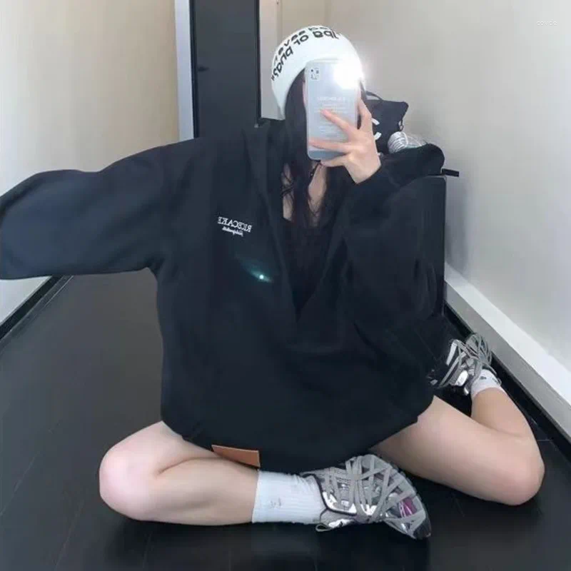 Women's Oversized Hoodie With Letter Embroidery - Casual Grunge Sweatshirt For Winter, Kpop Style