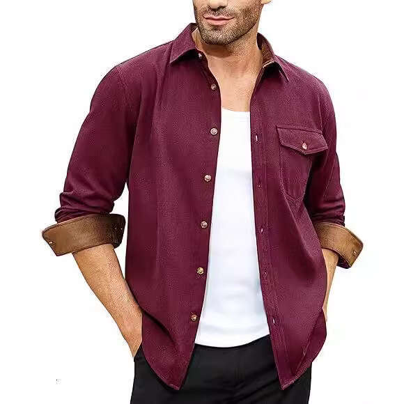 Autumn And Winter New Long Sleeved Plain Collar Daily Vacation Solid Color Men's Shirt B1