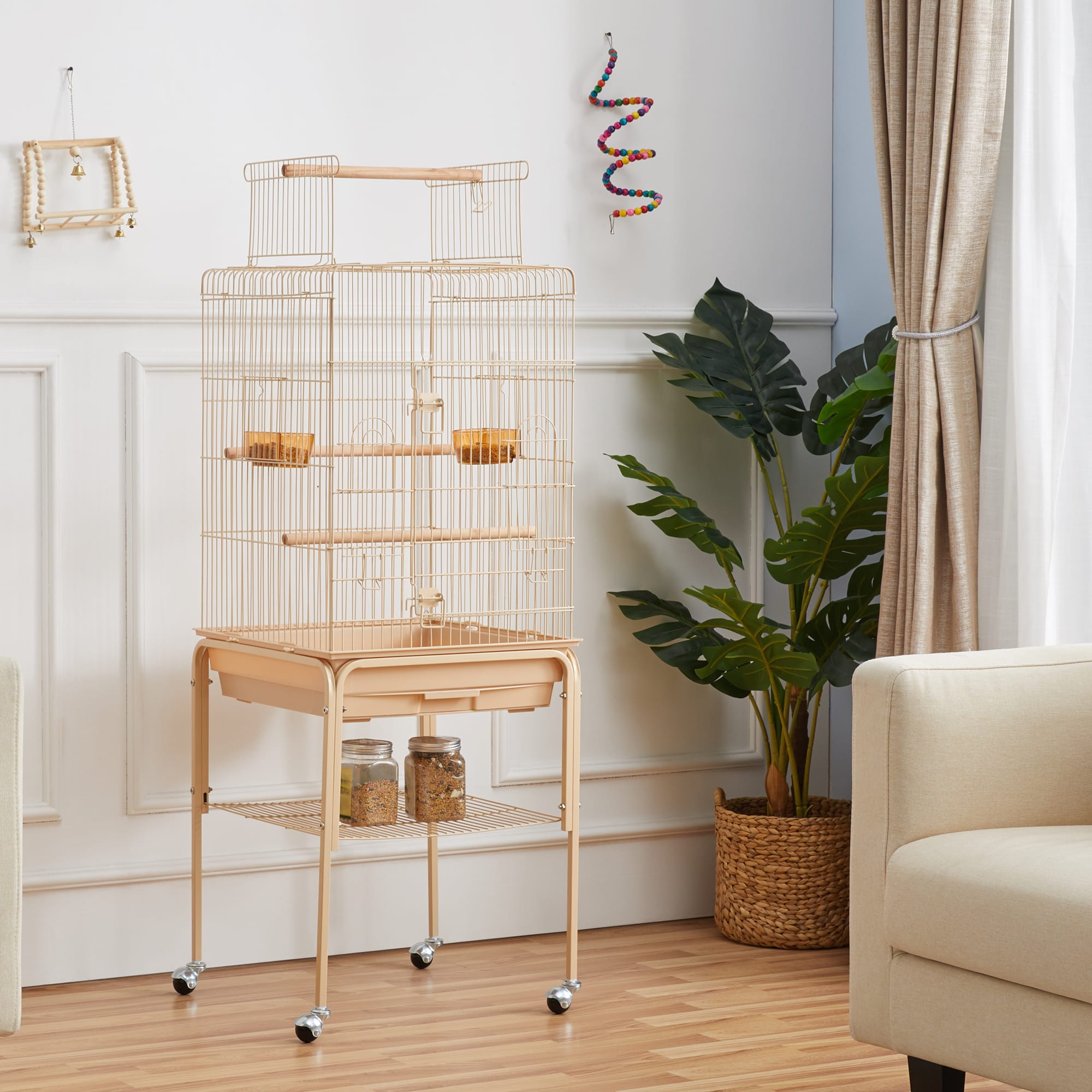 Topeakmart Almond Metal Bird Cage with Detachable Rolling Stand for Small Birds, 47" H