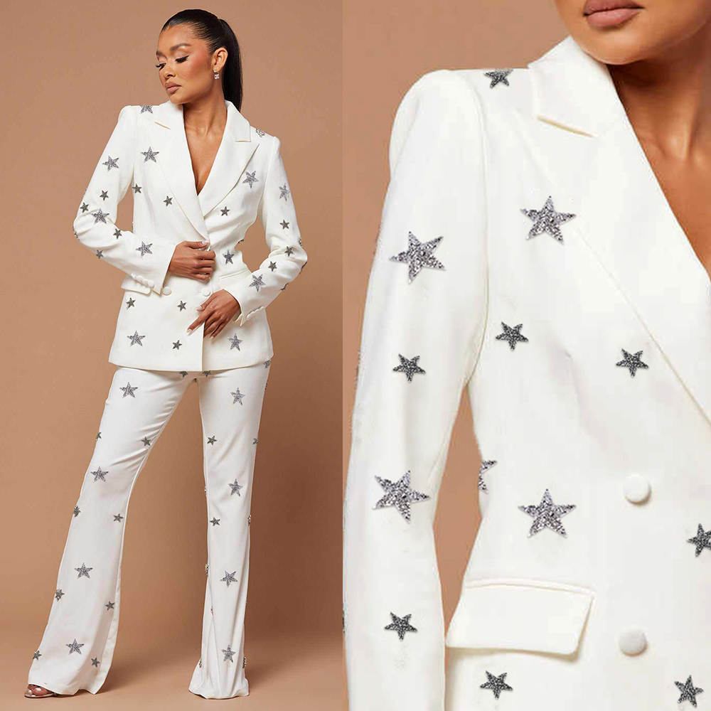 Fashion Women Suits Beaded Appliques Double Breasted Blazer Ladies Outfits Mother Of The Bridal Suit 2 Pieces Sets Pants Coat Customized