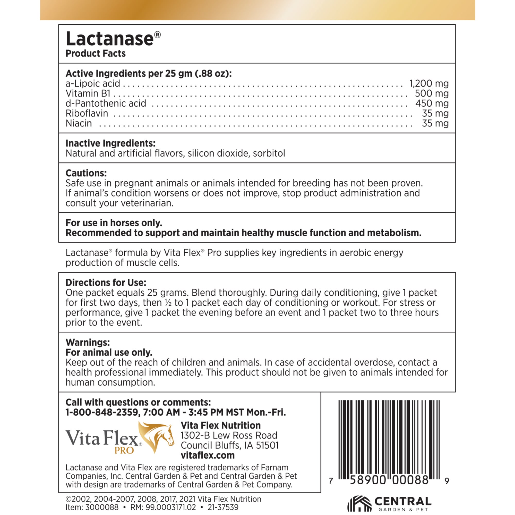 Vita Flex Lactanase Performance Supplement for Horses, 25 Gram, Count of 12
