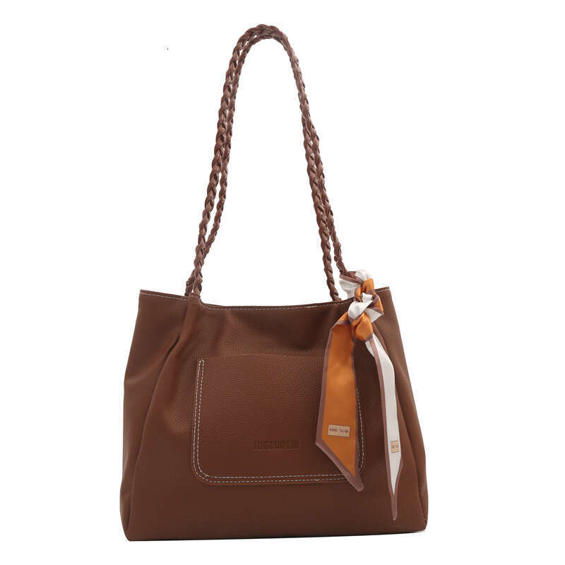 Large capacity solid color western-style silk scarf 2024 new casual women's texture commuting woven strap single shoulder tote bag