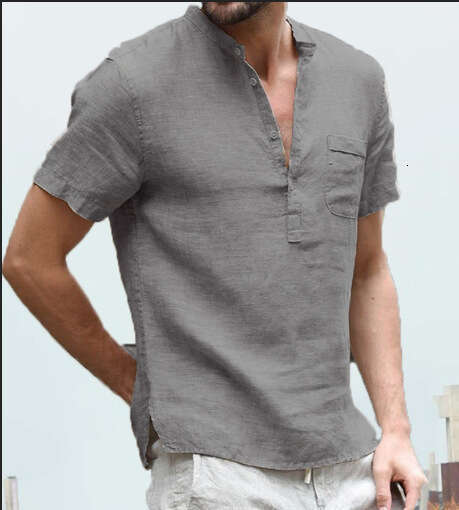 Summer New Cotton En Short Sleeved Men's T-Shirt Stand Up Collar Button Half Open Simple Shirt For Sports And Leisure B3