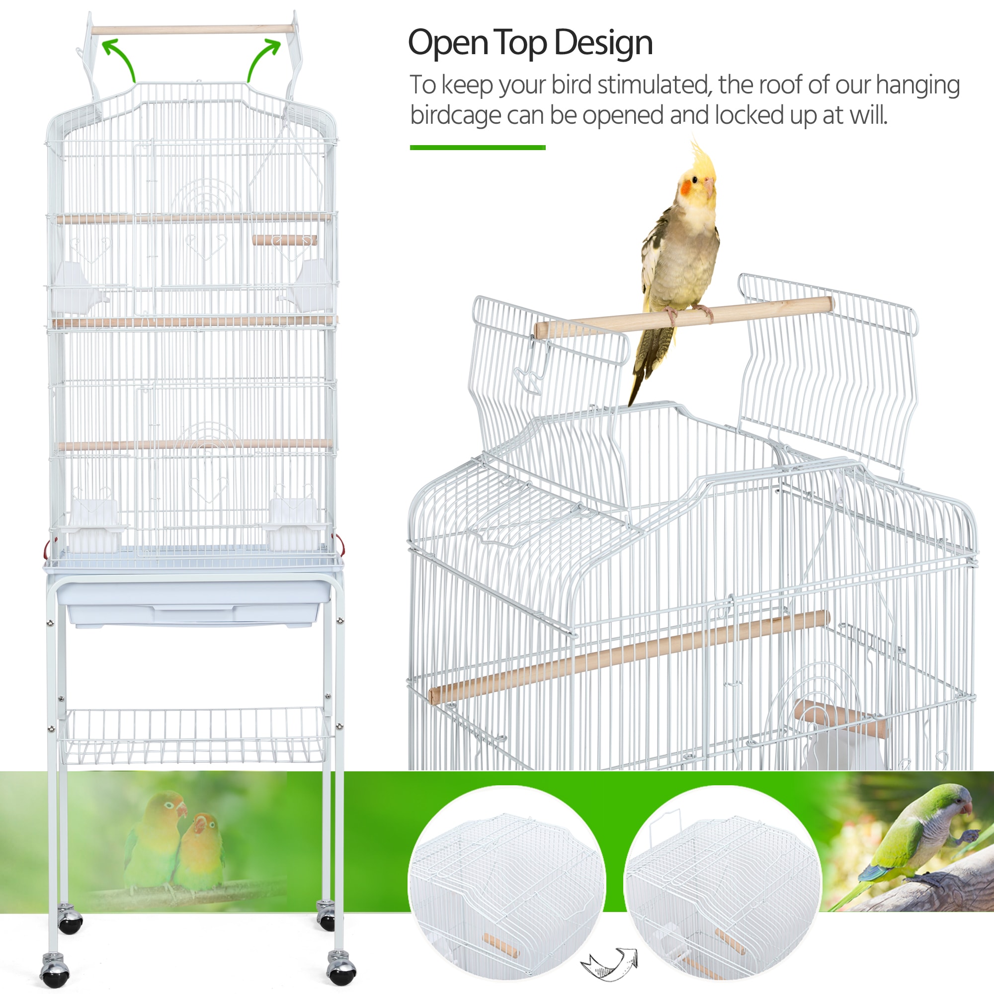 Topeakmart White Open Top Metal Bird Cage with Rolling Stand, 64" H