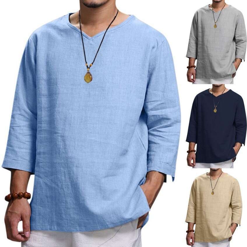 Autumn New Trade Men's Top Long Sleeved V-Neck Cotton En Loose Ing B3
