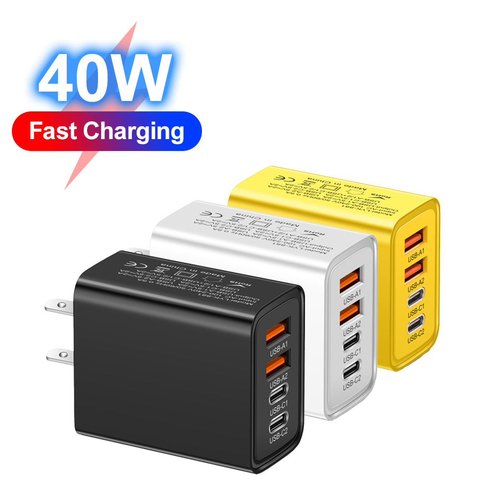 40W 4-Port Block Charging Dual Type C Power Adapter+QC Double USB A Port Wall Plug Multiple Mobile Phone Charger for iPhone Samsung