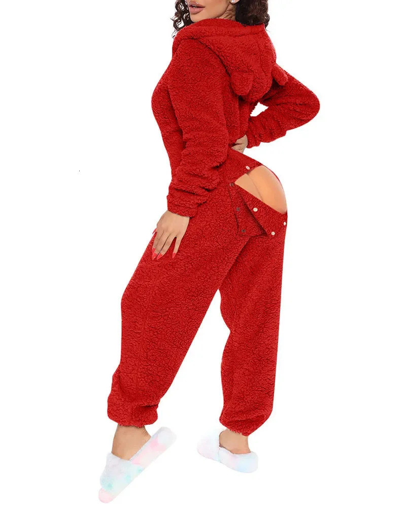 Ueteey Sexy Pyjama Jumpsuits for Women 3D Ear Buttoned Flap Functional Long Sleeve Plush Velvet Hooded Home Lounge Jumpsuit 241125