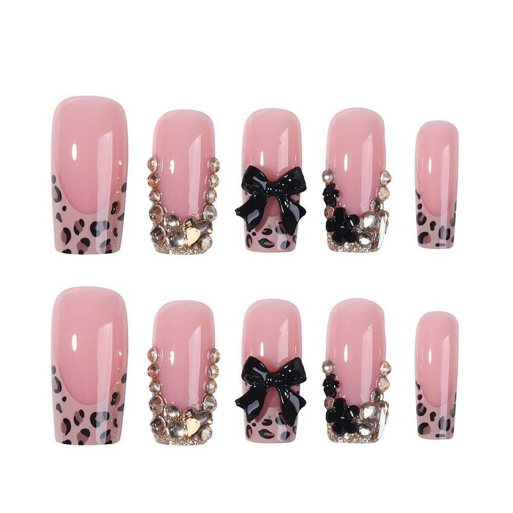 24 rectangular nails sparkling diamond jewelry black ribbon decoration leopard print fake nailsW241125