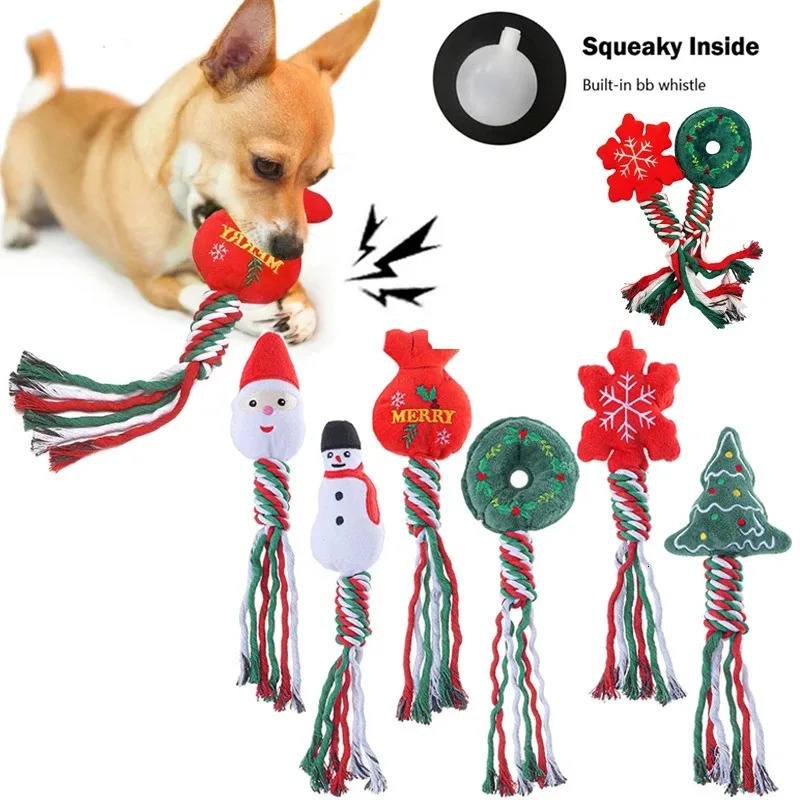 Christmas Dog Squeakey Chew Toys Cotton Ropes Knot Molar Bite Toy Funny Cute Puppies Cat Interactive Toy Xmas Gift Pets Supplies 241125