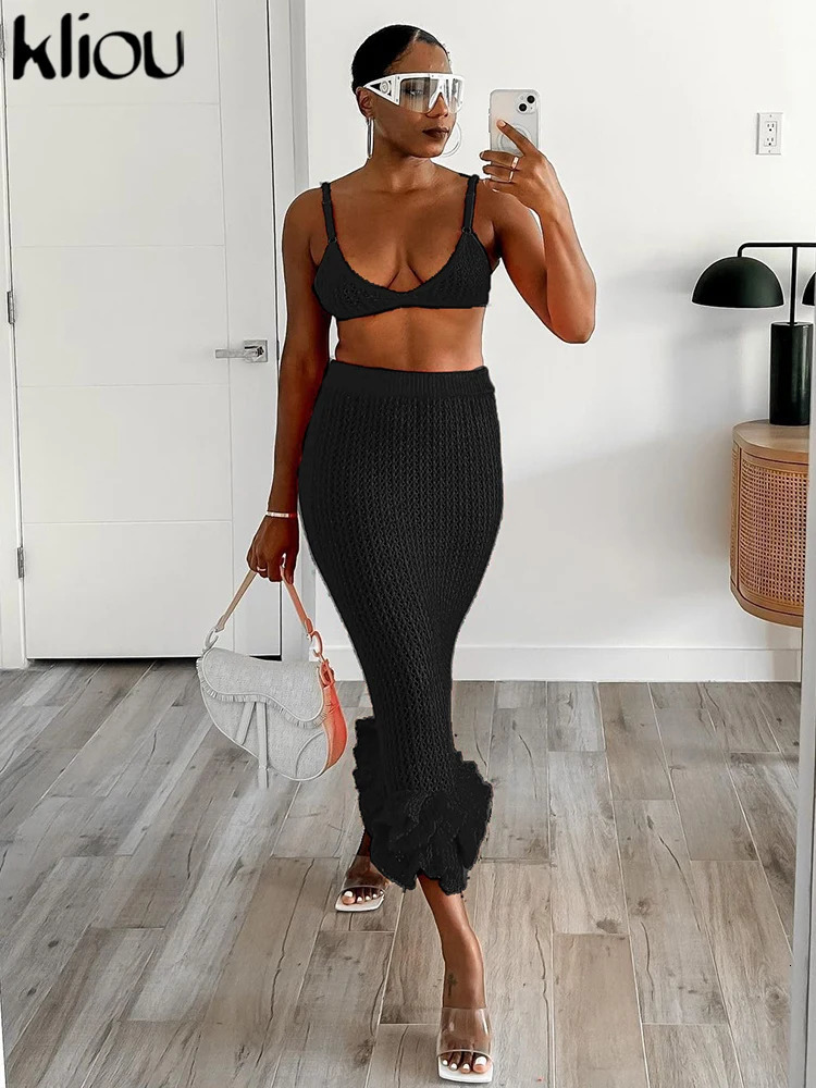 kliou Summer Women Knitted Two Piece Set Solid Sheer Sexy Cleavage CamisoleHigh Waist Stacked Slim Hip Skirts Female Attirewear 240423