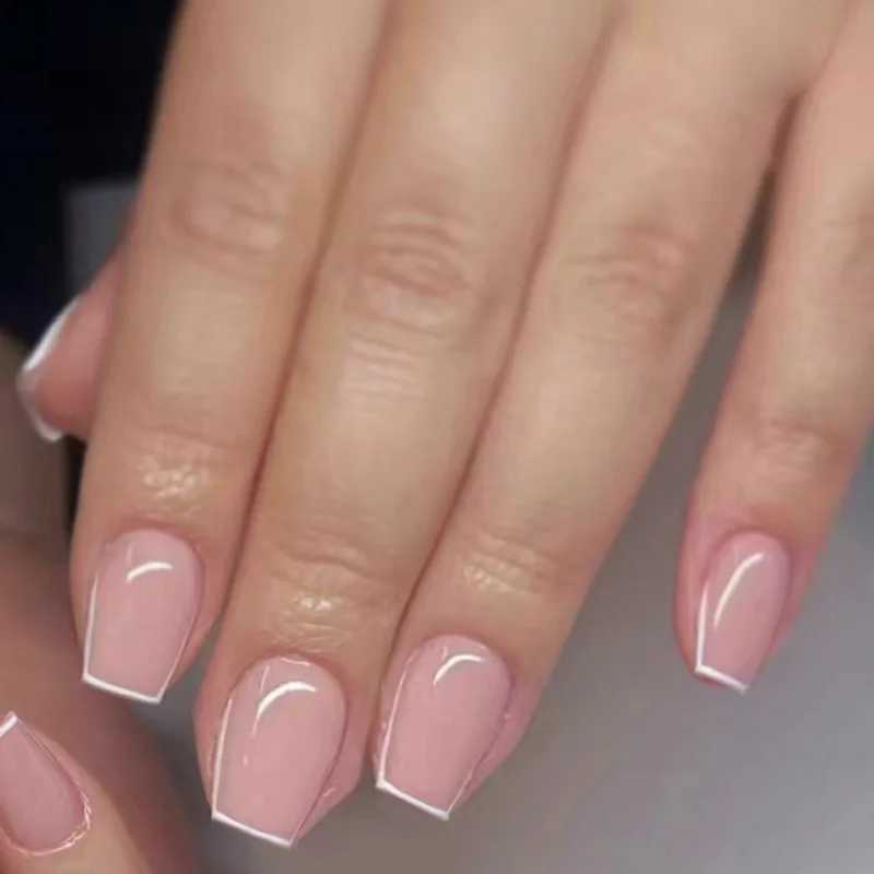 24 piece short square nail set with jelly glue simple white French design fake nails wearable can be embossed on fake nailsW241125