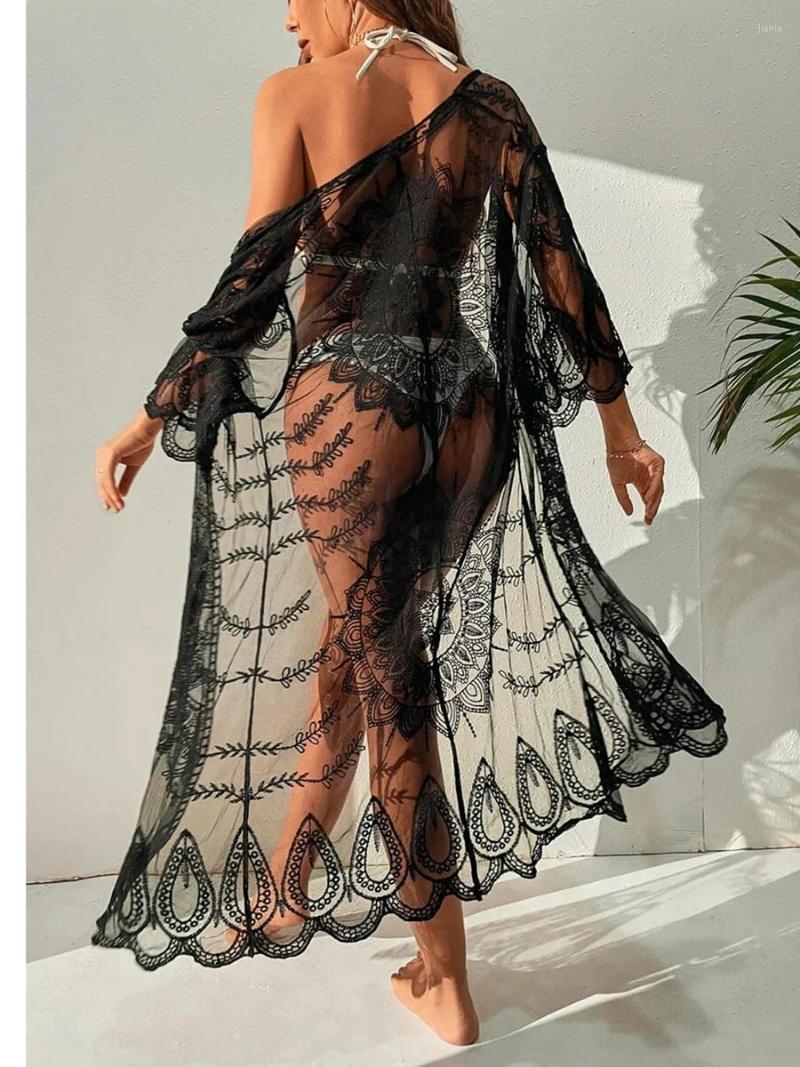 Women Lace Cardigan Bikini Cover-Ups Floral Crochet Sheer Beach Long Open Front Kimono Swimwear Sunscreen Clothes