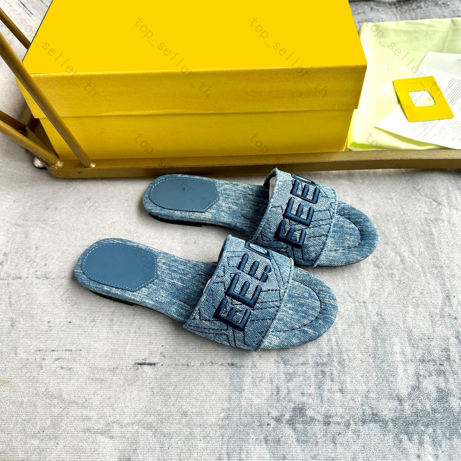 Designer Slipper Denim Slides Women Sandal Flats Heel Slide Fabric Print Blue Denims Sandals Summer Sliders Luxury Beach Scuff Shoes