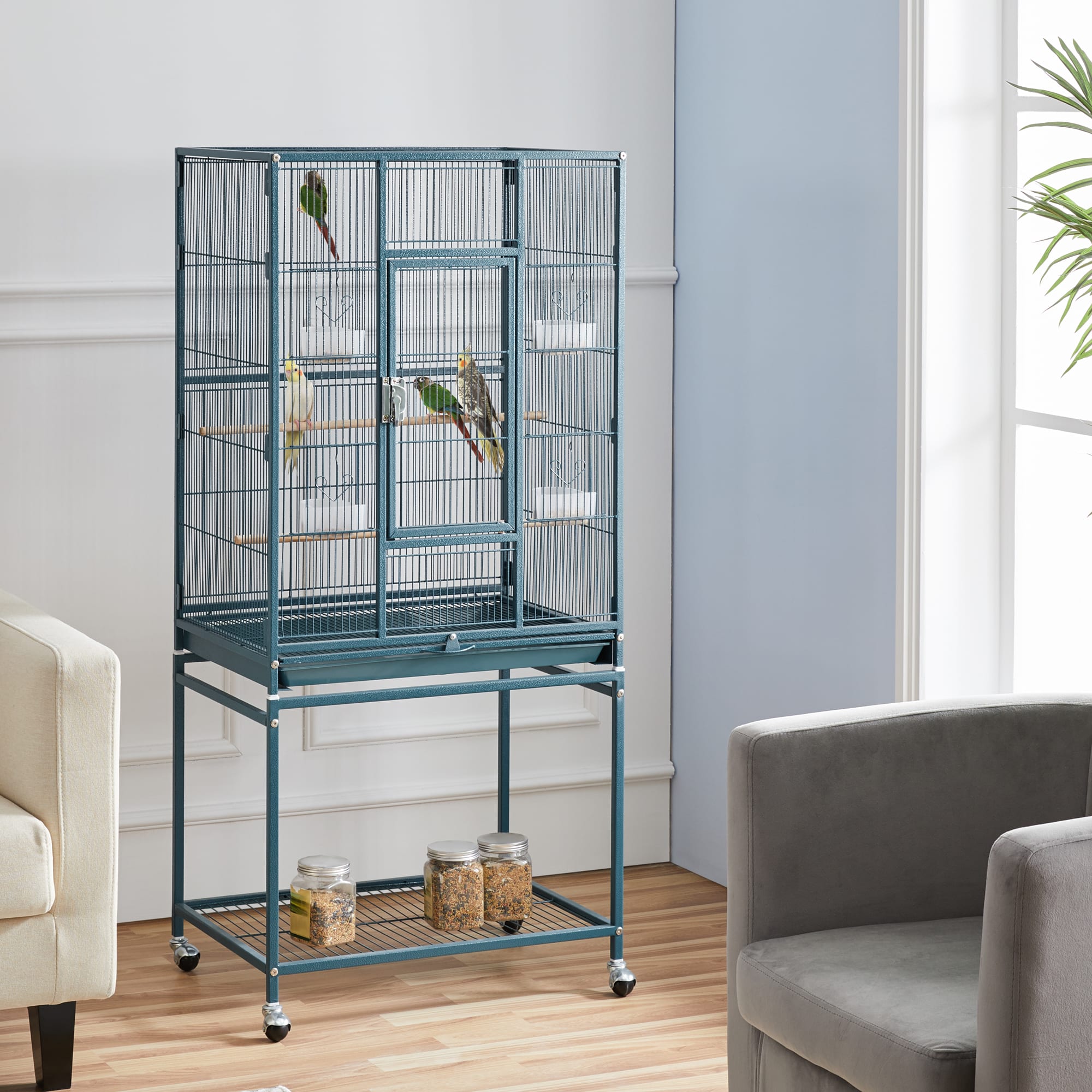 Topeakmart Navy Blue Metal Bird Cage with Rolling Detachable Stand, 53.5" H