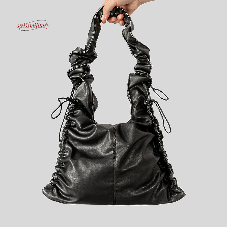 Vintage Ruched Drawsting Women Shoulder Bags Casual Hobos Lady Handbags Pu Leather Underarm Bag Y2K Tote Purses 2024#79 swissmilitary